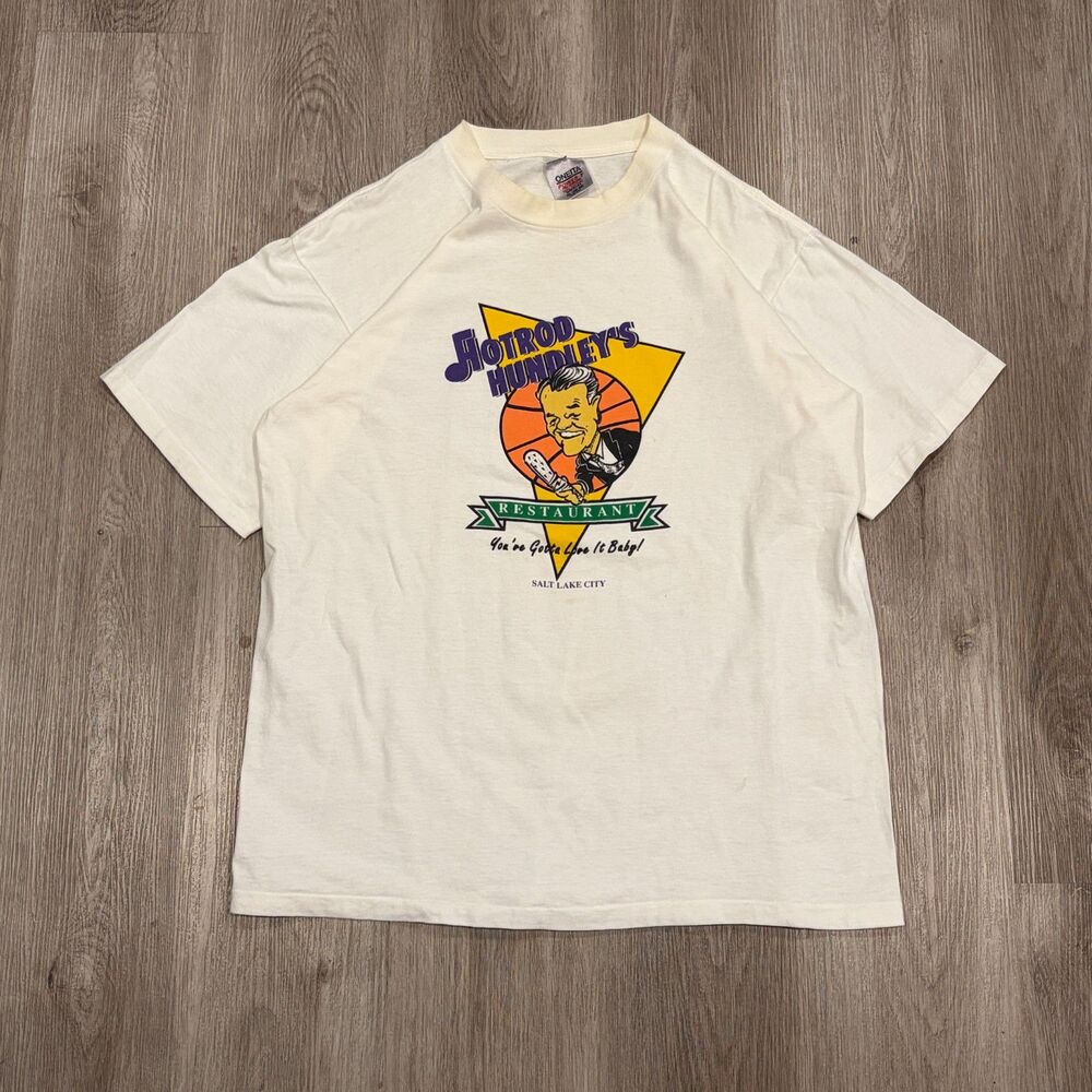 RARE Utah Jazz Hotrod Hundley's Restaurant Graphic T-Shirt Men's Size XL White